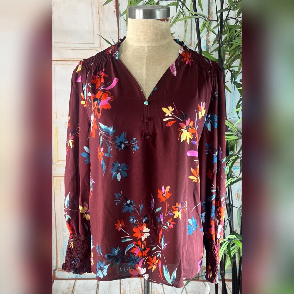 Zac & Rachel Floral Smocked Long Sleeve Chiffon Blouse
